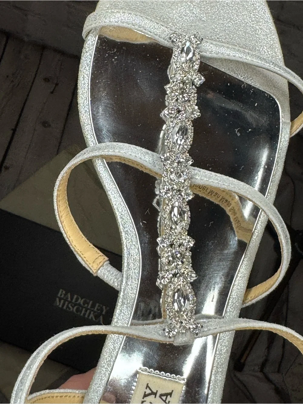 Badgley Mischka Carley II Silver Crystal T-Strap Wedge Sandals Size 7.5